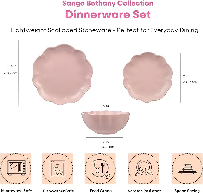Sango 12 Pieces Scalloped Dinnerware Set Modern Pink Dishes for 4 Premium Serving Plates &amp Bowls Sets Chip Resistant Ceramic Dishware Kitchen Dish Microwave &amp Dishwasher Safe Bethany