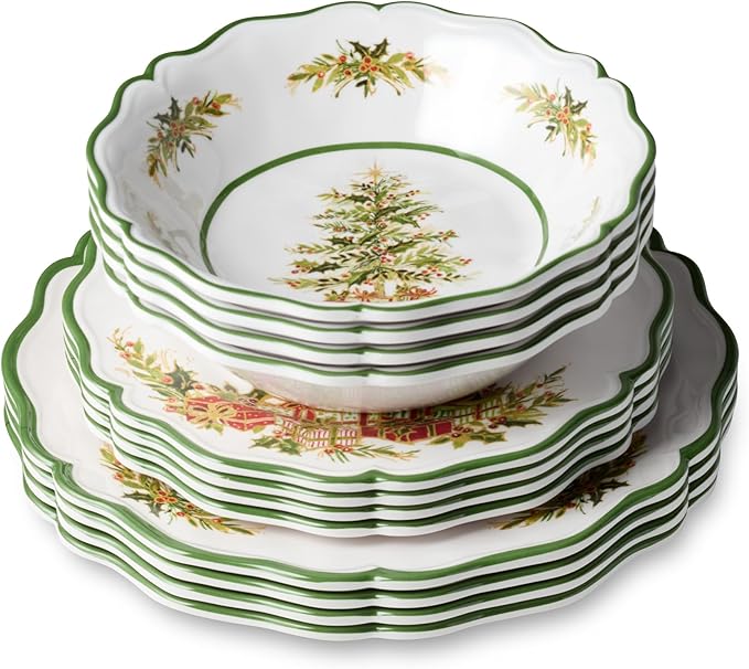 Holly Tree Holiday 12pc Dinnerware Set – Festive Melamine Plates and Bowls for Christmas Entertaining Indoor/Outdoor Use Break-Resistant and Dishwasher Safe