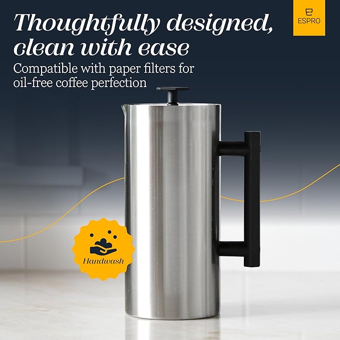 ESPRO P6 32 Ounces French Press Coffee Maker Double Walled Stainless Steel Insulated Brushed Stainless Steel