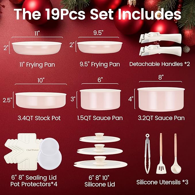 Chef Power Ceramic Nonstick Pots and Pans Set 19 Piece with Detachable Handle Induction Dishwasher Oven Safe Cookware Set RV Kitchen Set Removable Handle (Light Pink)