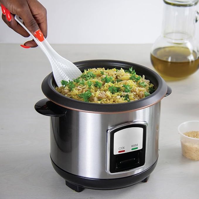 THEGA Electric Rice Cooker - 0.8L Stainless Steel Non-Stick Rice Cooker Removable Bowl Cook &amp Keep Warm Functions and Vented Glass Lid Includes Measuring Cup &amp Spatula