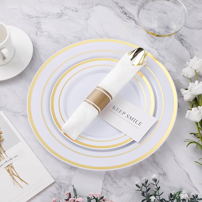 BESTVIP 525PCS Gold Plastic Dinnerware Set for 75 Guests Disposable Plates for Party Include: 150 Plastic Plates 75 Pre Rolled Napkins with Gold Silverware 75 Cups for Christmas Halloween