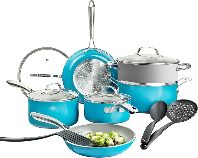 GOTHAM STEEL 15 Pc Ceramic Cookware Set Ceramic Pots and Pans Set Non Stick with Cooking Utensils and Steamer Non Toxic PFOA PFOS Free Premium Stay Cool Handles Oven &amp Dishwasher Safe Blue