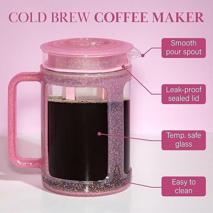 Paris Hilton Cold Brew Coffee Maker Durable 1.6 Quart Borosilicate Glass Carafe with Stainless Steel Filter Glitter Pink 38 oz
