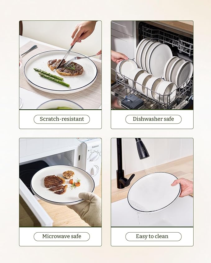 Famiware Porcelain Dinnerware Set 24-Piece Modern Plate and Bowl Set dish set for 8 Microwave and Dishwasher Safe Tableware White with Blue Trim