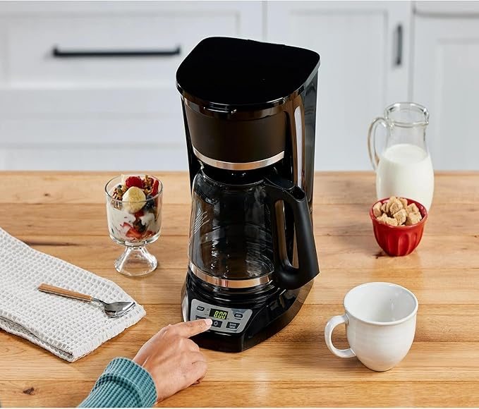 12-Cup Programmable Coffee Maker with Glass Carafe Strength Selector Mid-Brew Access Auto Shut-Off and Keep Warm Function Black