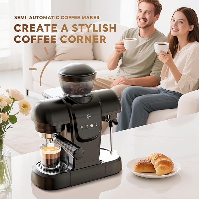20 Bar Espresso Machine with Grinder &amp Steam Wand - Semi Automatic Coffee Maker NTC Intelligent Temp Control 58mm Stainless Steel Portafilter One-Touch Panel for Home Barista (Removable Water T