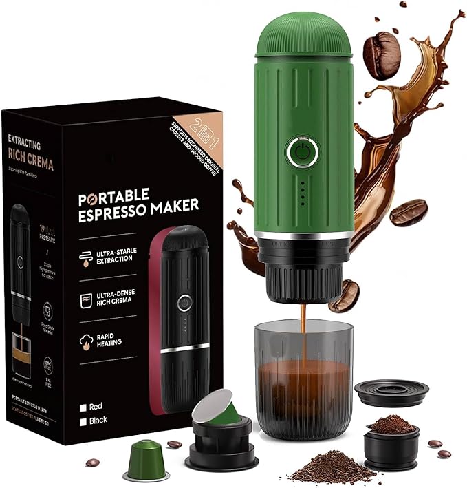 Portable Espresso Machine with 3-4 Min Self-heating 7800mAh Rechargeable Electric 2-in-1 Coffee Machine Compatible with NS Capsules and Ground Coffee for Car Camping Travelling Office Home  Green