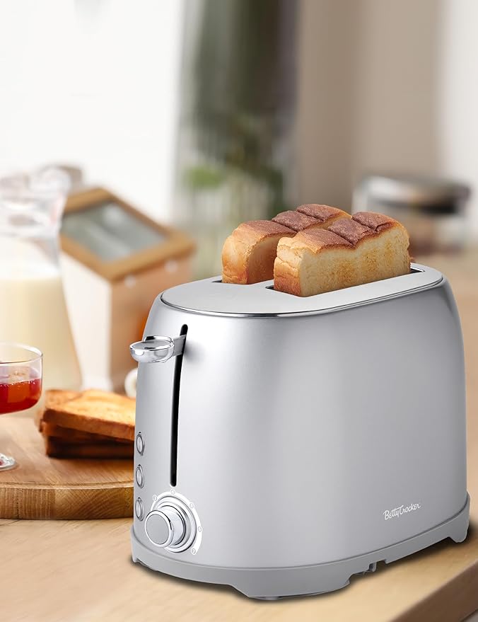 Betty Crocker 2-Slice Multi-Function Toaster Toaster 2 Slice with Extra Wide Slots for Thick Bread Bagel &amp Waffle Toast Shade Control Dial Slide Out Crumb Tray Silver