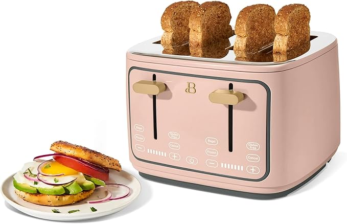 4 Slice Toaster with Touch Control Panel 1800W Fast Heating 7 Toast Shade Levels Extra Wide Slots for Bagels Removable Crumb Tray (Rose)