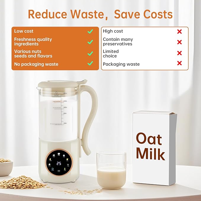 48 oz Nut Milk Maker Machine with 16 Blades 8 in 1 Automatic Homemade Almond Oat Soy Plant-Based Milk and Dairy Free Beverages Almond Maker Self-cleaning Keep Warm/24-Hour Delay
