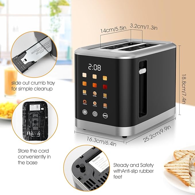 Touch screen Toaster 2 Slice Digital Timer Toasters with 6 Bread Types &amp 6 Shade Settings Smart Extra Wide Slots Toaster with Bagel Defrost Reheat Cancel Function