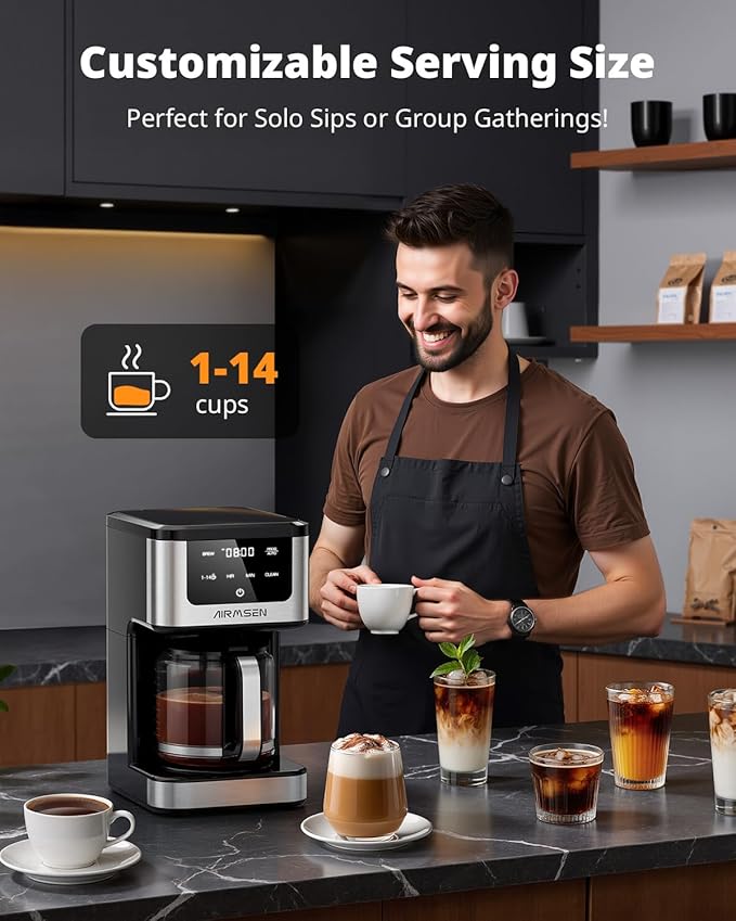 AIRMSEN 14-Cup Programmable Drip Coffee Maker – 1000W Fast Brewing Coffee Machine with Timer Delay Start &amp 2H Keep-Warm 73oz Tank Touchscreen &amp Glass Carafe – Perfect for Home &amp Office