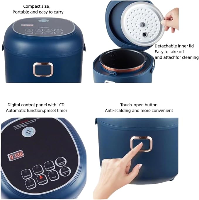 12V/24V/110V Rice Cooker Mini 2L Portable Multicooker 24h Keep Warm Small with Steam Tray Picnic Camping Travel For Car/Truck/Home (Blue)