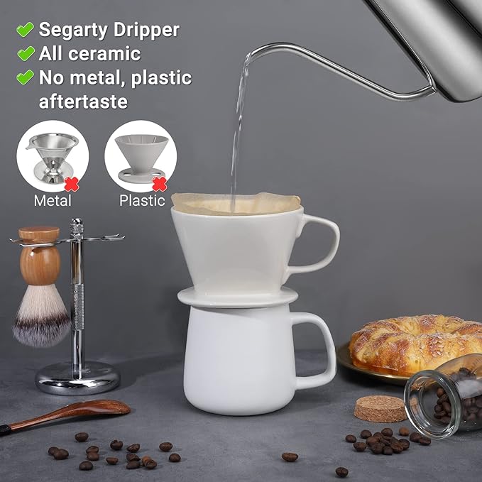 Segarty Pour Over Coffee Maker White Ceramic Coffee Dripper and Black Silicone Dripper Cup Dripping Brewer with 3 Holes Flat Bottom Coffee Filter Holder for Travel Camping Office Home