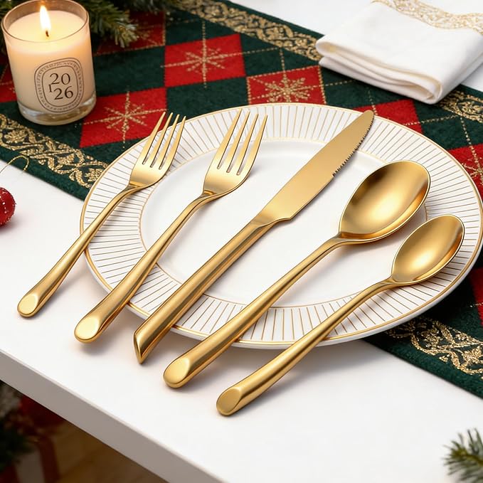 Gold 20-Piece Silverware Set Elegant Stainless Steel Flatware Set Cutlery Set Mirror Polished Dishwasher Safe Service for 4