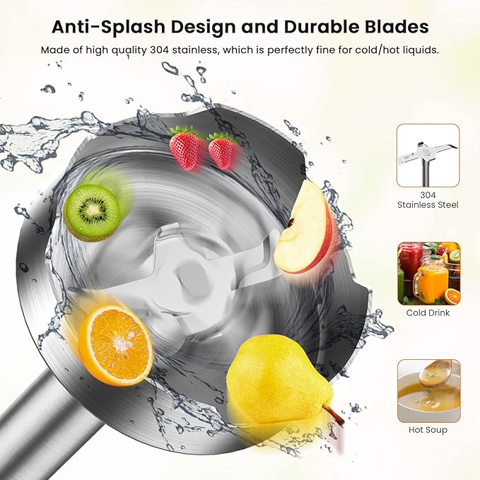 healthomse 5-In-1 Immersion Blender 800W 12-Speed Stainless Steel Hand Blender with Milk Frother Egg Whisk BPA-Free 500ml Chopper and 700ml Beaker with Lid for Soup Smoothie Baby Food