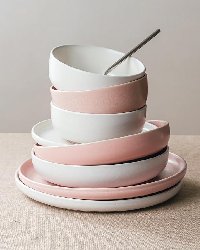 Famiware Milkyway Plates and Bowls Sets 12 Pieces Dinnerware Sets Reactive Glaze Dish Set Stoneware Dishes Set for 4 Matte Beige White &amp Light Pink