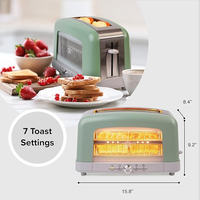 Graphite Heating Technology Pop-Up Toaster w/7 Heat Settings 3 Toasting Functions &amp Unique Bagel Mode Olive/Brushed Nickel