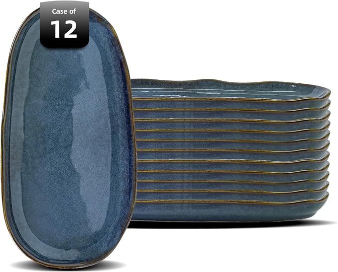 Organic Shape Highland Ceramic Serving Tray 12pcs 11.625 * 5.125inch Handmade Reactive Glaze Stoneware Tray with Wavy Edge for Kitchen Microwave &amp Dishwasher Safe Scratch Resistant-Blue