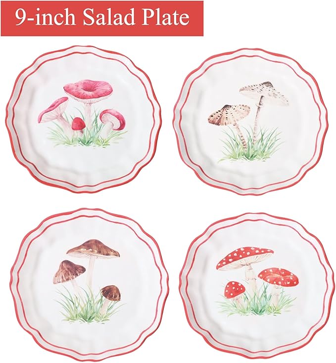 UPware 12 Piece Mushroom Melamine Dinnerware Sets Outdoor Dishes Set Plates and Bowls Sets Service for 4 Red