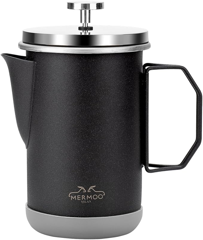 MERMOO YILAN Stainless Steel French Press Coffee Maker Manual Milk Frother 32oz for 4-6 Cup Foldable Handle Insulated Coffee Press Portable for Camping Home Use (Black)