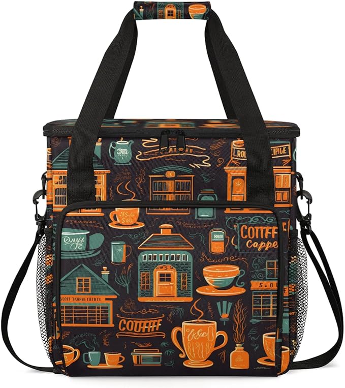 Cafe Life Themed Coffee Maker Travel Bag for Keurig K-Mini/K-Mini Plus Insulated Waterproof Tote with Pockets for K-Cup Portable Single-Serve Brewer Case