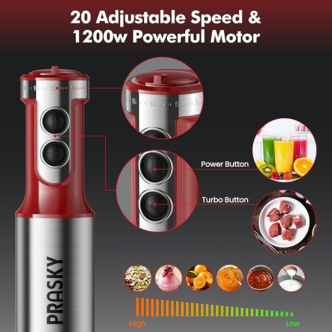 Immersion Blender Handheld Hand Blenders 20 Speed &amp Turbo Mode Hand Held Blender Heaviest Duty Copper Motor Stainless Steel Blades Milk Frother Wand Whisk 600ml Beaker 500ml Chopper (Red)