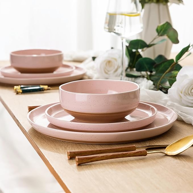 AmorArc Ceramic Dinnerware Sets for 4 12 Pieces Handpainted Plates and Bowls Set with Rustic Terracotta Underside Scratch Resistant Stoneware Dishes Set Dishwasher &amp Microwave Safe Cloud Pink