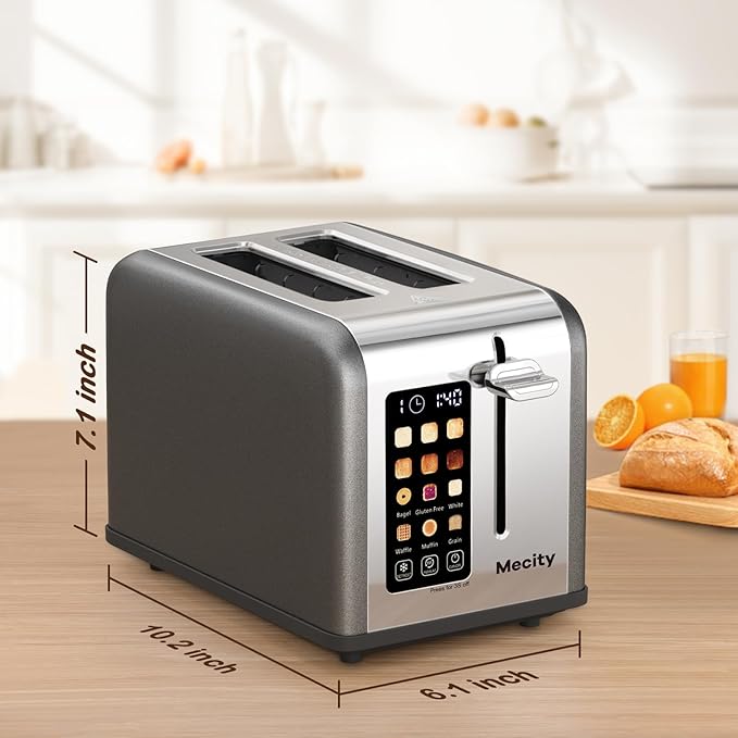 Mecity 2 Slice Touch Screen Toaster 1.5 Wide Slot Stainless Steel Smart Toaster for Bagels Muffins Waffles Gluten-Free Breads Defrost Reheat Timer 120V 825W Grey Pearl