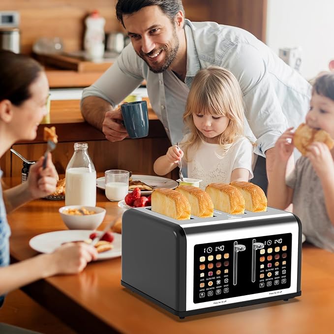 4 Slice Toaster Touch Screen Stainless Steel Toasters Digital Timer Dual Control Panel Toasters 8 Shade Settings 6 Bread Types for Bagel Cancel Defrost 1650W Black