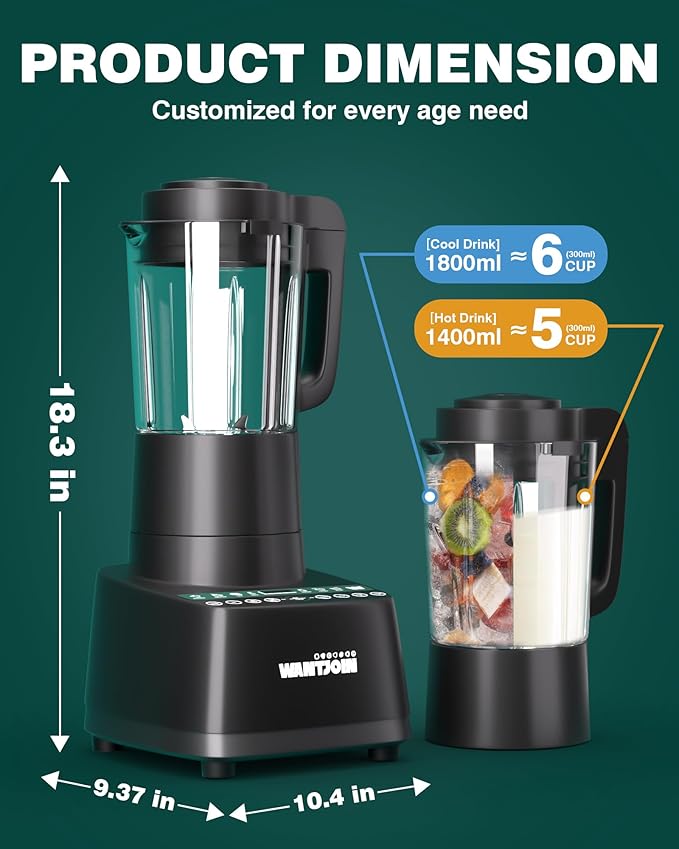WantJoin Multifunctional Cooking BlenderHigh-Speed Countertop Blender 24000RPM Hot&ampCold9 One Touch Programs with 12H Delay Cook60 OzSoybean Milk Machine for Nut ButtersSoupsShakes and Smoot