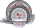 12-Piece Melamine Dinnerware Sets Unbreakable Dinner Dishes Set for Indoor and Outdoor Use Dishwasher Safe Lightweight Dinner Service for 4 Black and White