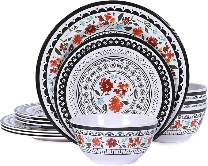 12-Piece Melamine Dinnerware Sets Unbreakable Dinner Dishes Set for Indoor and Outdoor Use Dishwasher Safe Lightweight Dinner Service for 4 Black and White