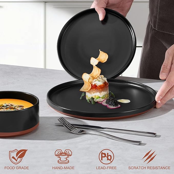 LIANYU Plates and Bowls Sets 18 Pieces Stoneware Dinnerware Set for 6 Modern Kitchen Dinner Set Ceramic Dishware Dishes Set Microwave and Dishwasher Safe Charcoal Black