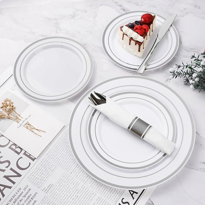 BESTVIP 350PCS Silver Plastic Dinnerware Set Disposable Party Plates for 50 Guests Include: 100 Plastic Plates 50 Pre Rolled Napkins with Silver Silverware 50 Cups