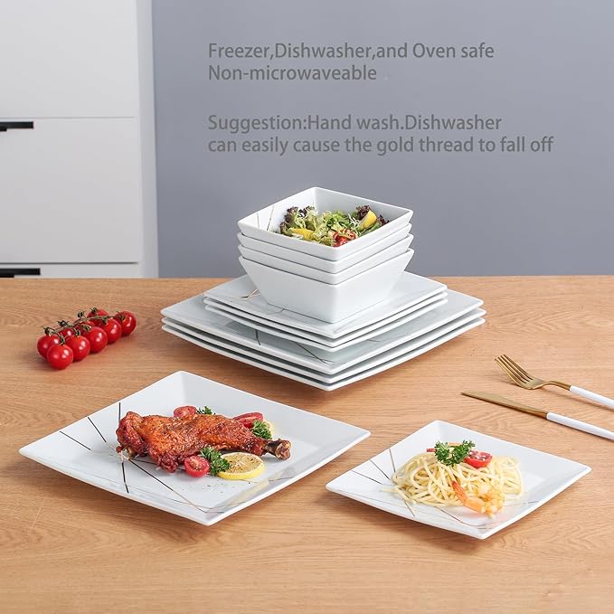 DOMINI 12-Piece Ceramic Kitchen Dinnerware Set Service for 4 Porcelain Dishes Dinner Set Square Dinnerware Sets with Dinner Plates Dessert Plates and Pasta BowlsWhite gold line