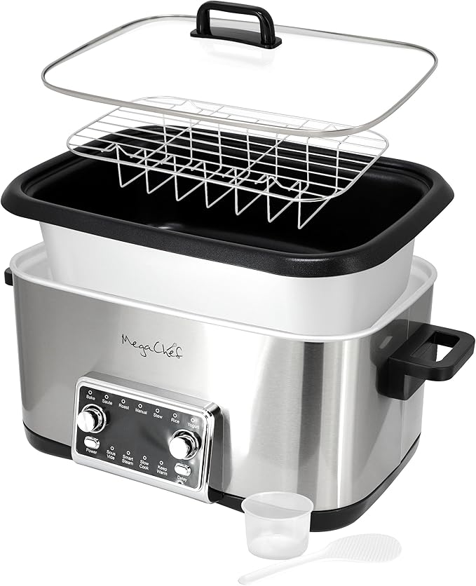 MegaChef Deluxe 8 Quart 12-in-1 Programmable Multi Cooker with Sous Vide and Multi-Functions Digital Display Adjustable Temperature &amp Time Removable Pot Tempered Glass Lid