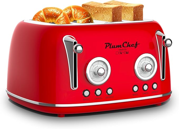 Plumchef 4 Slice Wide Slot Retro Style Toaster Dual Control Toaster wtih Timer 6 Browning Settings Bagel/Defrost Functions Removable Crumb Tray Stainless Steel Housing(Red1)
