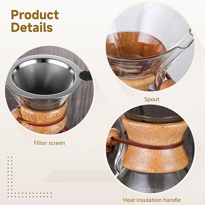 Borosilicate Glass Coffee Maker Set 800 Ml Wooden Handle Pour Over Single Serve Stainless Steel Filter 4 Coasters Included