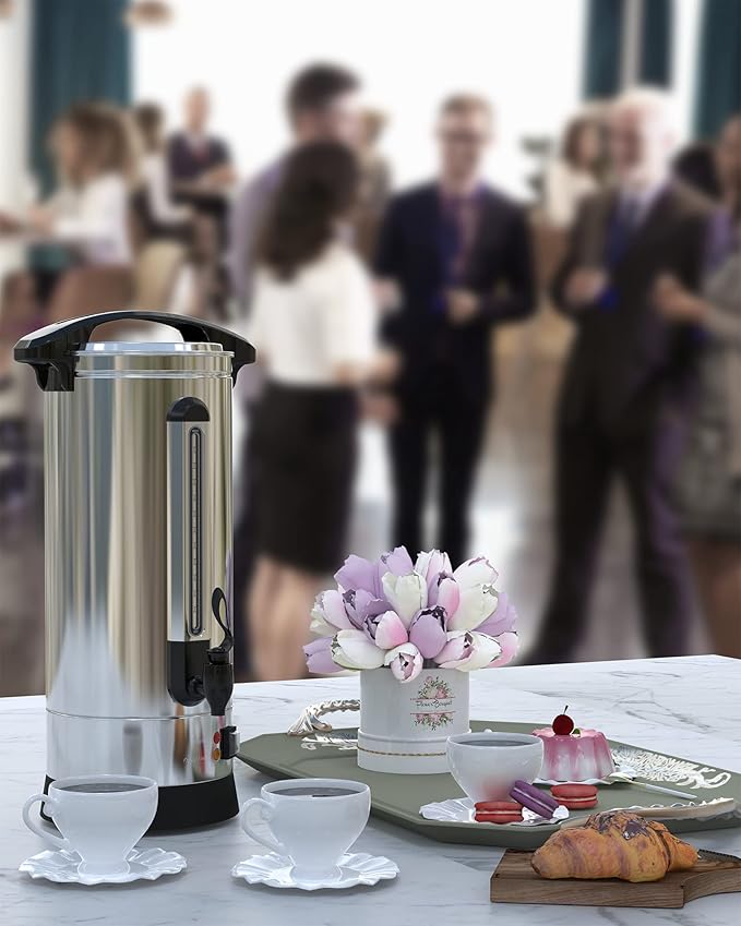Commercial Coffee Urn 110 Cup Extra Large Hot Water Urn 16L Silver Double Wall Stainless Steel Large Coffee Urns Quick Brew Commercial Coffee Percolator Electric for Gatherings
