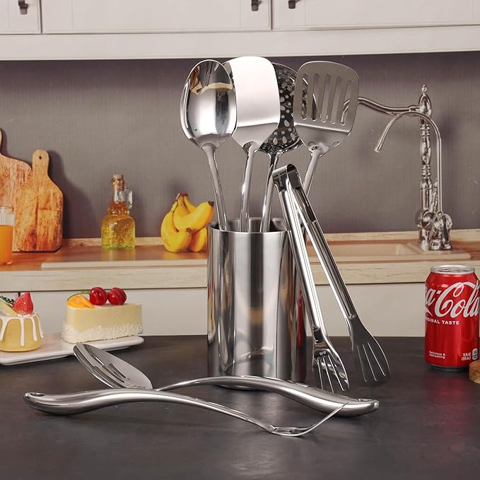 18/10 Stainless Steel Kitchen Utensils Set with Holder - 15″ Spatula Spoon Set with Storage Organizer for Countertop Fork Tongs Spatula Ladle Skimmer Turner Spaghetti Large Spoon Set of 12