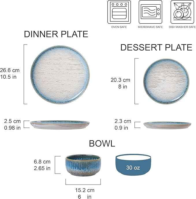 Joseph Sedgh Collection “Talia” 12-piece Stoneware Dinnerware Set with Reactive Glaze Finish Service for 4 Blue Reactive Glaze