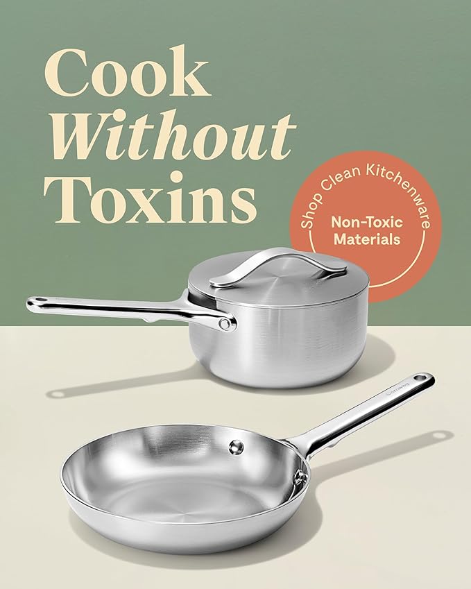 Caraway Stainless Steel Mini Duo - 5-Ply Stainless Steel Fry Pan (8 In) &amp Sauce Pan (1.75 Qt) - Oven Safe &amp Stovetop Agnostic - Non Toxic PTFE &amp PFOA Free