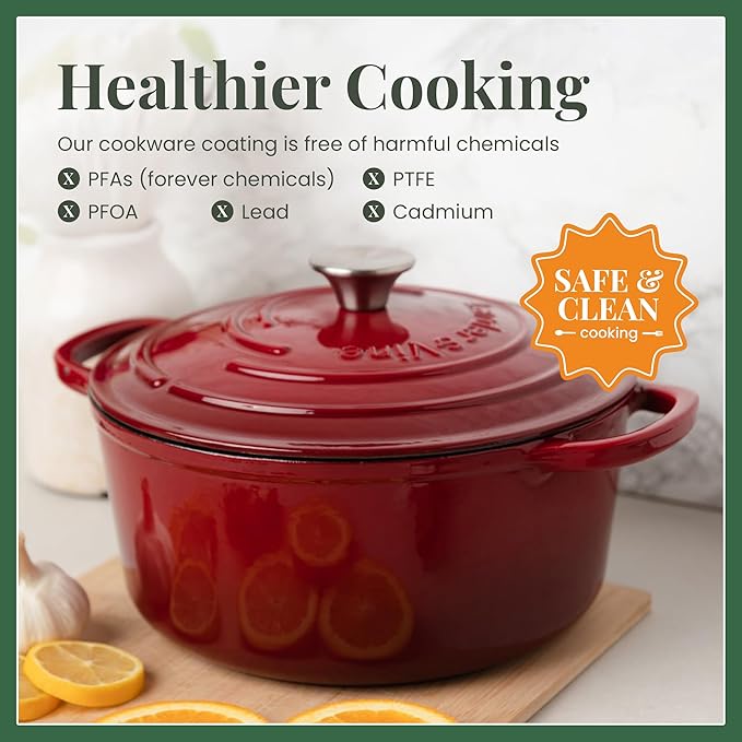 Larder &amp Vine Enameled Cast Iron Dutch Oven Pot with Lid | Bread Baking | Compatible on All Cooktops &amp Oven Safe to 500° F | Great for Sourdough Bread | Cabernet