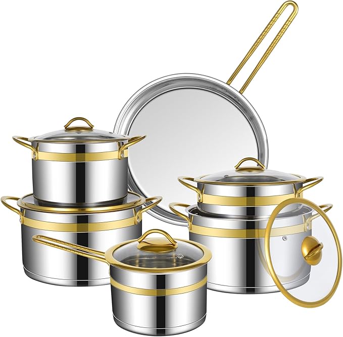 11-Piece Stainless Steel Pots and Pans SetPremium Stainless Steel Cookware - Induction Safe Non-Toxic Kitchen Cookware Set with Gold Stay Cool Handles Compatible with All Cooktops