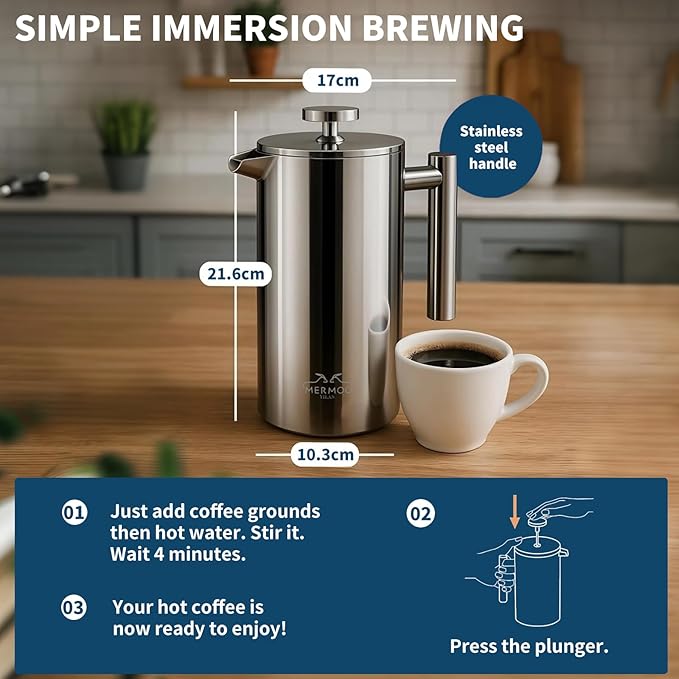 MERMOO YILAN French Press 34oz Insulated Stainless Steel Coffee Maker Unbreakable Coffee Press Easy to Clean for Home Camping Travel (Silver)