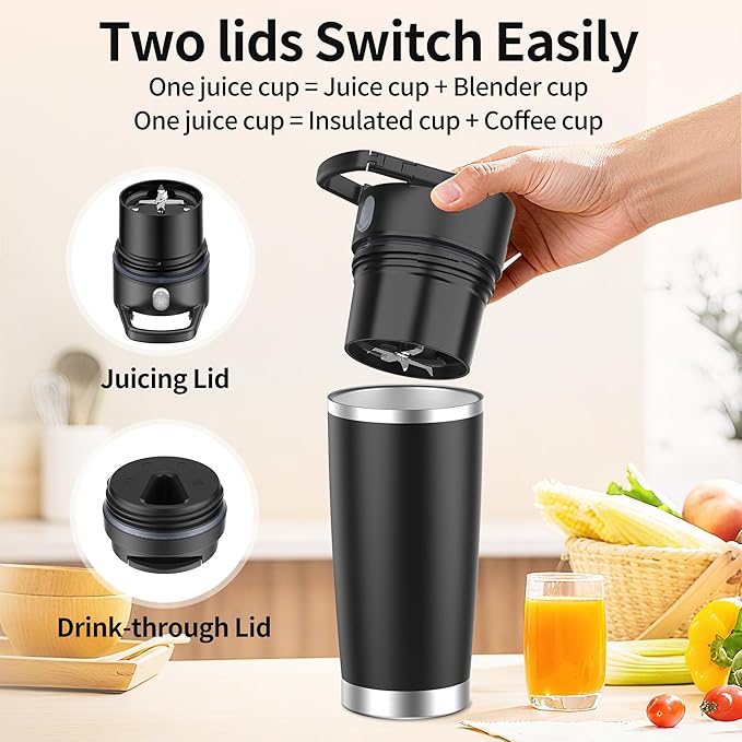 Portable Blender for Holiday Gift Smoothies&ampShakes 24oz Insulated Cup Cordless Personal Licuadora Portatil With Stainless Steel USB-C Rechargeable BPA Free Ideal Gift for Men Women