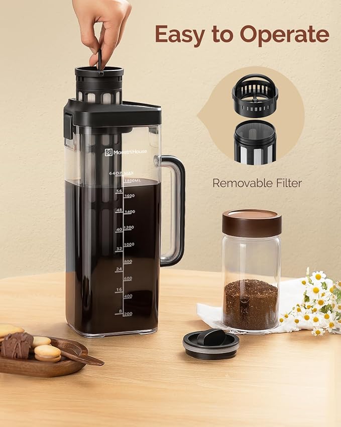 Maestri House Compact Cold Brew Coffee Maker 64oz Iced Tea and Coffee Maker Brewer Space Saving Tritan Pitcher 350 Mesh Filter 100% Leak-Proof