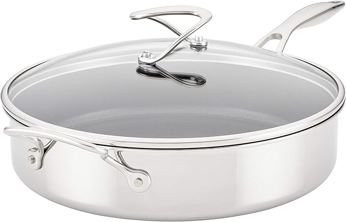 Circulon Clad Stainless Steel Saute Pan with Lid and Hybrid SteelShield and Nonstick Technology 5 Quart - Silver